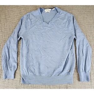 Calvin Klein Mens Pullover Sweater Italian Yarn Blue V Neck Merino Wool Blend XL